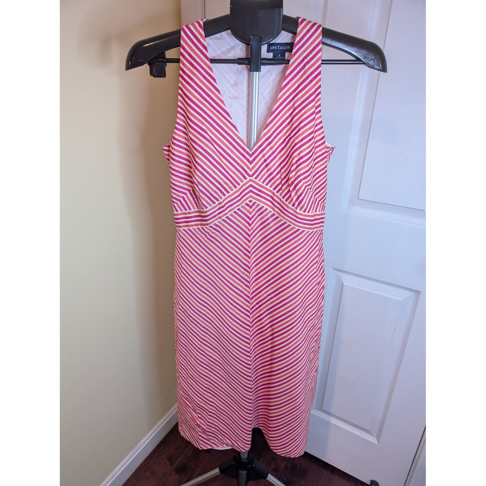 Ann Taylor Sheath‎ Dress Womens 4 Pink Orange Striped V-Neck Sleeveless Cotton